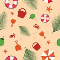 Summer-Themed Patterns, with Beach-Themed Ornaments, combine Palm, Sand, Crab, Bucket, and Coconut. vector