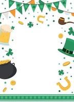 Saint Patrick's Day party flyer, poster, holiday invitation. Leprechaun hat, shamrock, pot with gold coins, horseshoe, beer. Isolated on white background. Vector illustration.