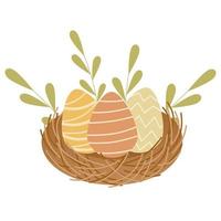 Easter nest with colourful eggs in the style of a childrens illustration on a white background and isolated. Brown nest, green leaves and eggs. Suitable for cards, designs, stickers, invitations. vector