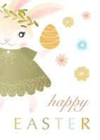 Easter postcard with cute rabbit character, eggs, spring flowers and typographic design. Good for Spring and Easter greeting cards, postcard, children's design and invitations. Vector illustration.