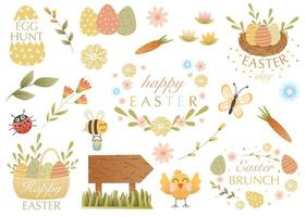 Collection of cute easter and spring decorative elements - colored eggs, quotes, blooming flowers, carrot, honey bee isolated on white background. Cartoon holiday flat vector illustration.