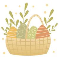 Easter basket isolated vector illustration on white background. Easter basket with colorful eggs and green leaves. Illustration suitable for cards, invitations, children book.