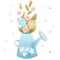 Illustration of bouquet of spring flowers in blue watering can with a floral pattern. Colorful, delicate, garden flowers in yellow, pink and blue color. Spring atmosphere. Vector and isolated image.