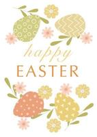 Happy Easter templates with colored eggs, flowers, green leaves and typographic design. Good for Spring and Easter greeting cards, postcard, children's design and invitations. Vector illustration.