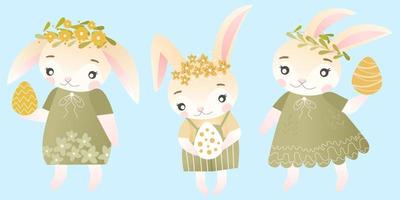 Easter bunnies characters set. Vector illustration of cute bunnies in different poses, green dresses and wreaths of spring flowers. Good for Spring and Easter greeting cards, product for children