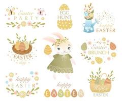 Easter set of phrases and quotes with cute bunnies in children's style. Suitable for scrapbooking, greeting card, party invitation, poster, tag, sticker set. Vector illustration isolated on white.
