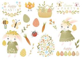 Easter set with cute bunnies, flowers, quotes, carrot, honey bee and colored easter eggs. Perfect for scrapbooking, sticker kit, tags, greeting cards, invitations. Holiday vector illustration.