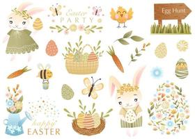 primavera y Pascua de Resurrección colección de linda conejitos, flores, citas, huevos y decorativo elementos. Perfecto para póster, tarjeta, scrapbooking , etiqueta, invitación, pegatina equipo. mano dibujado vector ilustración.