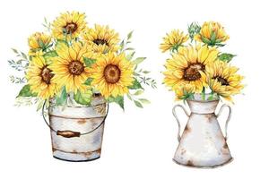 Watercolor sunflowers bouquet, hand painted sunflower bouquets with greenery, sunfower flower arrangement. Sunflower Farmhouse decor. Watercolor floral. Botanical Drawing. White background vector