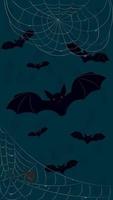 Spiderweb after rain with drops and black spider on dark teal background and flying bats vector illustration