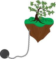 Levitating rock island with tree moored with chain and weight vector illustration