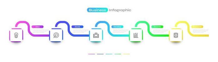 Modern Business Infographic Design Template with 5 Options or Processes. Can be used for Presentation, Workflow Layout, Diagram, or Annual Report. Timeline Diagram Presentation Design vector