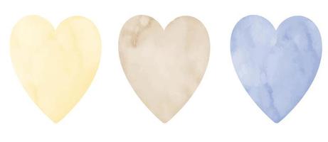 Watercolor abstract Hearts on isolated background in cute pastel blue and yellow colors. Textured shapes for greeting cards or wedding invitations. Hand drawn set of illustrations. Symbol of love vector