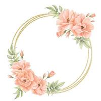 Floral watercolor Wrath with pink Rose Flowers and golden circular Frame. Hand drawn Template for greeting cards or wedding invitations on isolated background. Round botanical vintage border vector