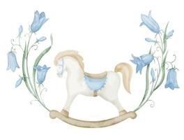 Rocking Horse Baby Toy with blue Bellflowers. Hand drawn watercolor illustration for newborn shower. Illustration on isolated background for childish party. Floral drawing for kid invitations vector