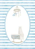 Template with baby Cradle and hanging mobile for newborn shower. Hand drawn watercolor illustration with childish crib in blue pastel colors for greeting cards or invitations on isolated background vector