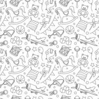 Baby Toys seamless Pattern on isolated background in monochrome black and white colors. Hand drawn outline backdrop with rocking horse and teddy bear for Newborn shower party or childish textile. vector