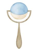 Watercolor Baby Rattle Toy. Hand drawn illustration of childish object on isolated background for Newborn party greeting cards or happy birthday invitations. Drawing in pastel blue and beige colors vector