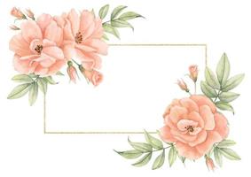 Watercolor Frame with Rose Flowers and golden line. Hand drawn Floral Template for greeting cards or wedding invitations in beige and pink colors. Rectangular vintage border on isolated background