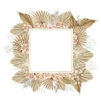 Floral Frame with dry Palm leaves and orchid Flowers in Boho style. Watercolor square tropical border. Hand drawn template for bohemian greeting cards or wedding invitations on isolate background vector
