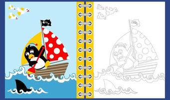 vector cartoon of cute penguin the sailor on sailboat in shark attack, coloring book or page