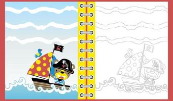 funny bear in pirate costume with little bird on sailboat in the sea, coloring book or page vector