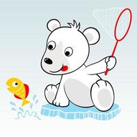 Cute polar bear try to catch fish with fish net, vector cartoon illustration