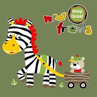 Cute zebra pulling little bear on cart, vector cartoon illustration