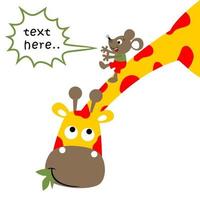 Little mouse sliding on giraffe's neck, vector cartoon illustration