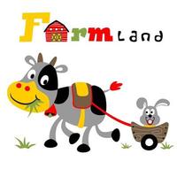 Funny cow pulling bunny with cat, farming element, vector cartoon illustration