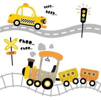 Cartoon vector of taxi on the road with steam train on railway, transportation elements