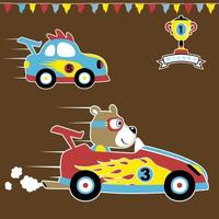 Cute bear in car racing with trophy, vector cartoon illustration