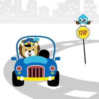 Cute lion on police car with little bird on road sign, vector cartoon illustration