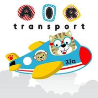 Vector cartoon of funny cat with monkey on airplane