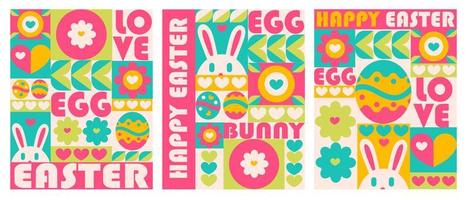 Greeting cards for Happy easter in the modern geometric style of the 70s. Trendy banner with bunnies, decorated eggs and flowers. Vector illustration.