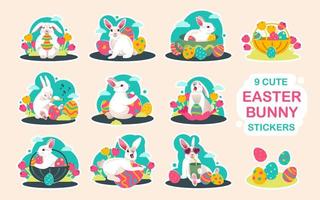 Stickers with Easter bunnies, spring flowers and colored eggs. Easter spring elements. Vector flat illustration.