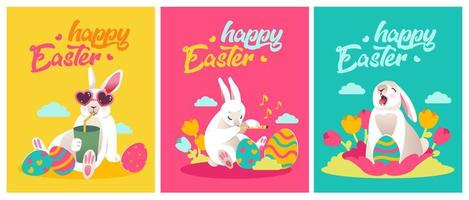 contento Pascua de Resurrección, vector saludo tarjetas con linda conejitos, Pascua de Resurrección huevos y flores