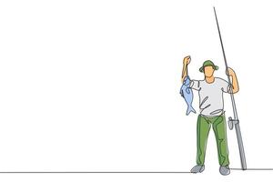 Single continuous line drawing of young happy fisher man showed his catch after fishing trout fish in open river. Fishing hobby holiday concept. Trendy one line draw design vector illustration graphic