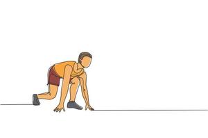 soltero continuo línea dibujo de joven contento salud sprinter hombre Listo a polo comienzo posición a correr en correr pista. deporte y sano estilo de vida concepto. de moda uno línea dibujar diseño vector ilustración