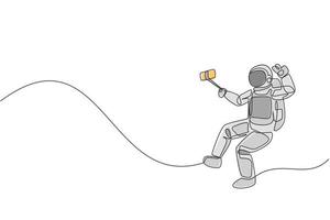 Single continuous line drawing of young astronaut doing selfie shoot while floating in outer space. Space man cosmic galaxy concept. Trendy one line draw graphic design vector illustration