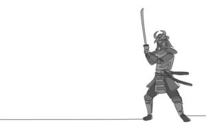 un dibujo de línea continua del joven samurai shogun de valentía con máscara lista para atacar en la sesión de entrenamiento. concepto de deporte de combate de artes marciales. Ilustración de vector de diseño de dibujo de línea única dinámica