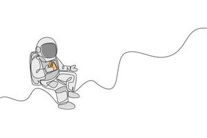 Single continuous line drawing of spaceman relaxing and eating delicious sandwich in nebula galaxy. Fantasy fiction of outer space life concept. Trendy one line draw design vector illustration graphic