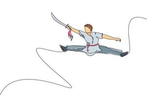 One single line drawing of young man on kimono exercise wushu and kung fu jumping technique with sword on gym center vector illustration. Fighting sport concept. Modern continuous line draw design