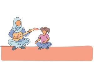 One continuous line drawing of young Arabian mom teach daughter playing guitar and singing at home. Happy Islamic muslim parenting family concept. Dynamic single line draw design vector illustration