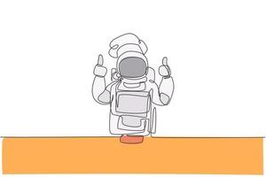 One continuous line drawing of young astronaut chef giving thumbs up gesture for delicious food. Healthy cuisine food menu on restaurant concept. Dynamic single line draw design vector illustration