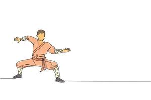 One continuous line drawing of young shaolin monk man practice kung fu style at temple ground . Traditional Chinese combative sport concept. Dynamic single line draw design vector graphic illustration