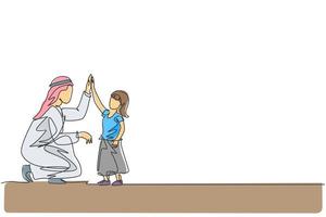 One continuous line drawing of young Islamic dad give high five gesture to his daughter girl. Happy Arabian muslim loving parenting family concept. Dynamic single line draw design vector illustration