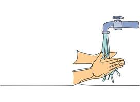 Continuous one line drawing of washing hands with clean water spilled from the tap to protection hands from germs, bacteria, viruses. Flowing water. Single line draw design vector graphic illustration