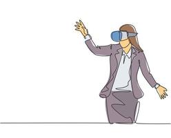 Single continuous line drawing of young happy businesswoman reaching something while playing simulation game. Virtual reality game player concept. Modern one line draw design vector illustration