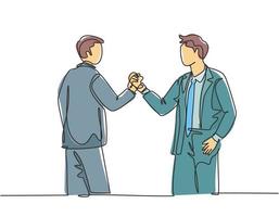 One single line drawing of two young happy business men holding their hands together to mark the commencement of a joint project. Teamwork concept continuous line draw design vector illustration